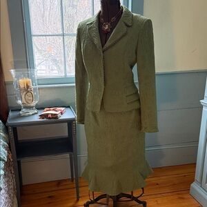Nipon Boutique Olive Green Textured Blazer & Flared Hem Skirt Set